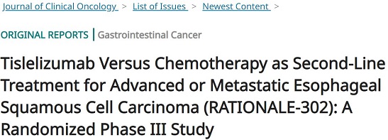J Clin Oncol：替雷利珠单抗二线治疗晚期/转移性食管鳞状细胞癌的效果