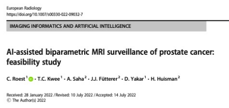 European Radiology：人工智能辅助双参数MRI的前列腺癌监测