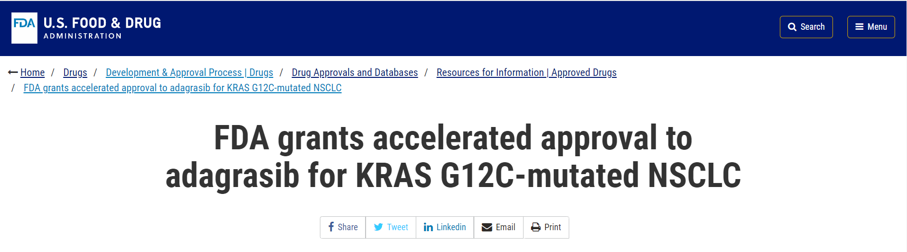 前沿快讯︱FDA批准adagrasib用于非小细胞肺癌的治疗